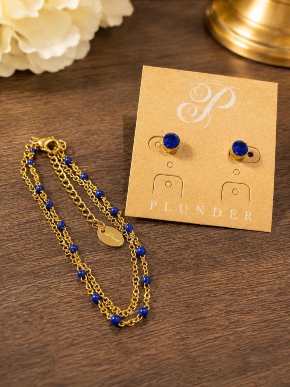 Plunder Gold & Royal Blue Bead Layered Bracelet and Stud Earrings Set
